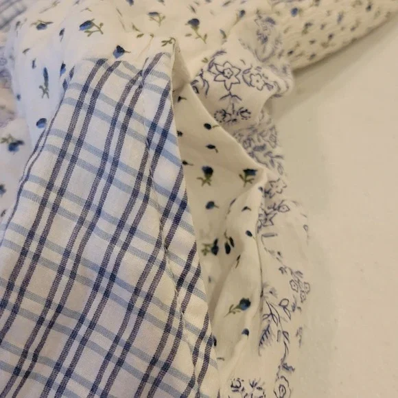 American Eagle Patchwork Mini Dress Large Blue White Floral Crochet Lace Cottage - Picture 7 of 16